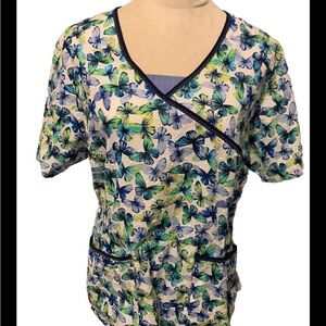 Dickies Scrub Top Butterflies w Raised White Dots Size Large